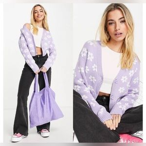 💜🤍 Hollister Knit Cardigan Long Sleeve Lavender Floral Daisy Barbiecore-M-EUC
